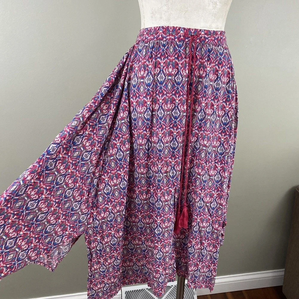Hollister Womens Midi Skirt S Pink Blue Boho Festival Handkerchief Skirt Tassels - Picture 2 of 10